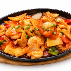 Plat rouge &lsquo;François&rsquo; 
(Noix de st-jacques, scampis, poulet, sauce tomate ail) 🌶️
